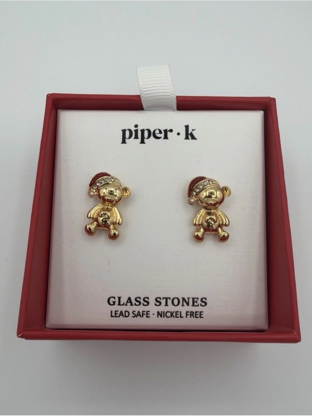 Piper Gold Teddy Bear Santa Stud Earrings - Gold & Red